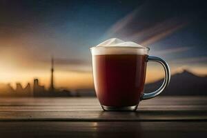 une café tasse avec fouetté crème sur Haut de une tableau. généré par ai photo