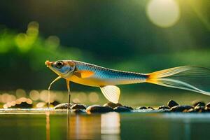 une poisson avec longue queue nager dans le l'eau. généré par ai photo