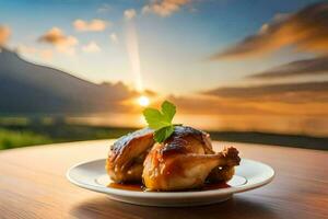 poulet sur une assiette avec une le coucher du soleil dans le Contexte. généré par ai photo