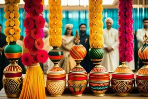 une groupe de coloré des vases avec glands. généré par ai photo