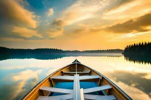 une bateau est flottant sur une calme Lac à le coucher du soleil. généré par ai photo