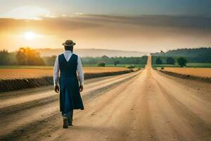 une homme dans une chapeau et robe en marchant vers le bas une saleté route. généré par ai photo