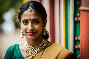 une femme dans une sari pose pour une portrait. généré par ai photo