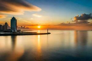 le Soleil monte plus de le ville horizon dans cette photo. généré par ai photo