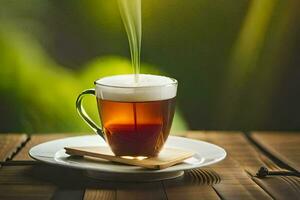 une tasse de thé sur une en bois tableau. généré par ai photo