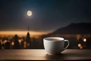 une tasse de café sur une table dans de face de une paysage urbain à nuit. généré par ai photo
