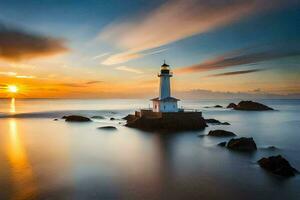 une phare est montré à le coucher du soleil avec le Soleil réglage derrière il. généré par ai photo