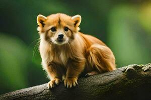 une petit marron chien séance sur une arbre branche. généré par ai photo