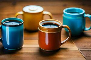 quatre coloré café des tasses sur une en bois tableau. généré par ai photo