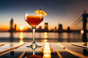 une cocktail avec une le coucher du soleil vue dans le Contexte. généré par ai photo