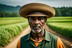 une homme portant une chapeau des stands dans une riz champ. généré par ai photo