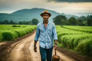 une homme dans une chapeau en marchant par une riz champ. généré par ai photo