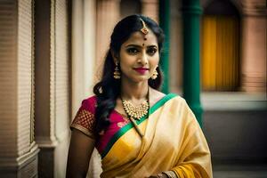 une magnifique Indien femme dans une Jaune sari. généré par ai photo