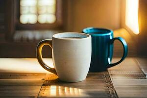 deux café des tasses sur une en bois tableau. généré par ai photo