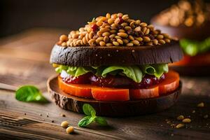 une Hamburger avec tomates, salade et autre ingrédients. généré par ai photo