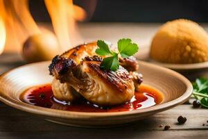 poulet dans une sauce sur une assiette avec une en bois Contexte. généré par ai photo