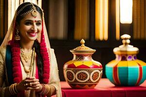 une magnifique Indien la mariée souriant suivant à coloré marmites. généré par ai photo