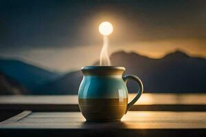 une tasse de café sur une table avec une Montagne dans le Contexte. généré par ai photo