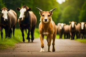 une chèvre en marchant dans de face de une troupeau de bétail. généré par ai photo