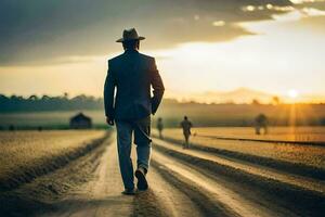 une homme dans une chapeau des promenades vers le bas une saleté route à le coucher du soleil. généré par ai photo