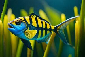 une poisson avec Jaune et bleu rayures est dans le herbe. généré par ai photo