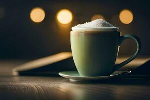 une tasse de café sur une en bois table avec une livre dans le Contexte. généré par ai photo