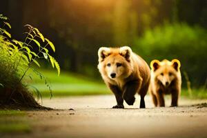 deux marron ours en marchant vers le bas une route. généré par ai photo