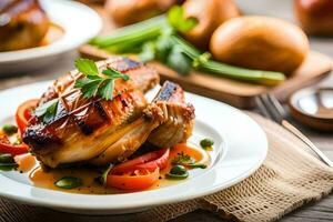 grillé poulet avec des légumes sur une plaque. généré par ai photo