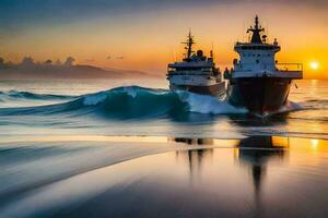 deux navires dans le océan à le coucher du soleil. généré par ai photo