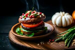 une Hamburger avec des légumes et épices sur une en bois plaque. généré par ai photo