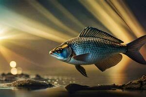 une poisson est nager dans le l'eau avec une brillant lumière derrière il. généré par ai photo