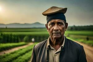 un vieux homme dans une chapeau permanent dans une champ. généré par ai photo