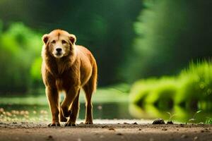 une Lion en marchant sur le route près une rivière. généré par ai photo