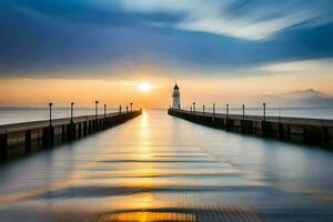 une phare est vu dans le distance à le coucher du soleil. généré par ai photo