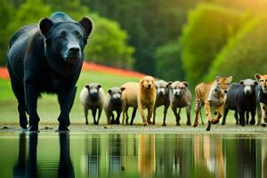 une troupeau de animaux en marchant le long de une chemin. généré par ai photo