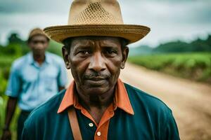 une homme dans une chapeau des stands dans le milieu de une champ. généré par ai photo