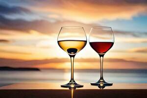 deux du vin des lunettes avec rouge et blanc du vin sur une table dans de face de le océan. généré par ai photo