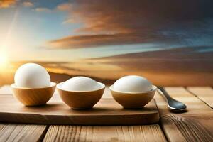 des œufs dans en bois boules sur une table avec une le coucher du soleil dans le Contexte. généré par ai photo