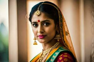 une magnifique Indien la mariée dans traditionnel tenue. généré par ai photo