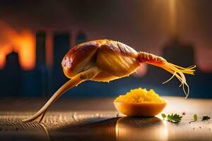 une escargot est séance sur Haut de une bol de aliments. généré par ai photo