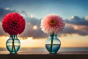 deux des vases avec fleurs séance sur une table avec le Soleil réglage derrière eux. généré par ai photo