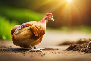 une poulet est en marchant sur le sol avec le Soleil brillant. généré par ai photo