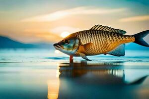 une poisson est permanent sur le l'eau à le coucher du soleil. généré par ai photo