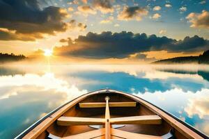 le bateau est sur le calme Lac à le coucher du soleil. généré par ai photo