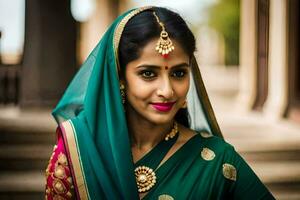 une magnifique Indien femme dans une vert sari. généré par ai photo