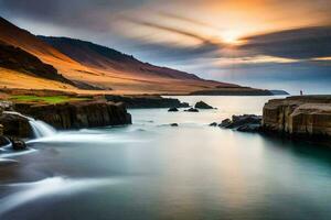 le Soleil ensembles plus de le océan dans Islande. généré par ai photo