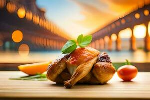 une poulet sur une en bois Coupe planche avec une pont dans le Contexte. généré par ai photo