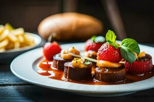 une assiette avec une plat de nourriture et des fraises. généré par ai photo