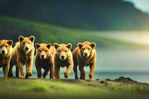 une groupe de marron ours en marchant le long de une champ. généré par ai photo