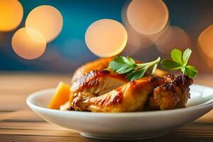 une assiette de poulet avec persil sur Haut. généré par ai photo